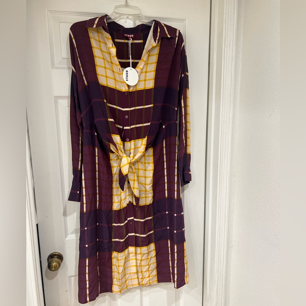 NWT STAUD Elsa button front maroon shirt dress - Picture 2 of 10